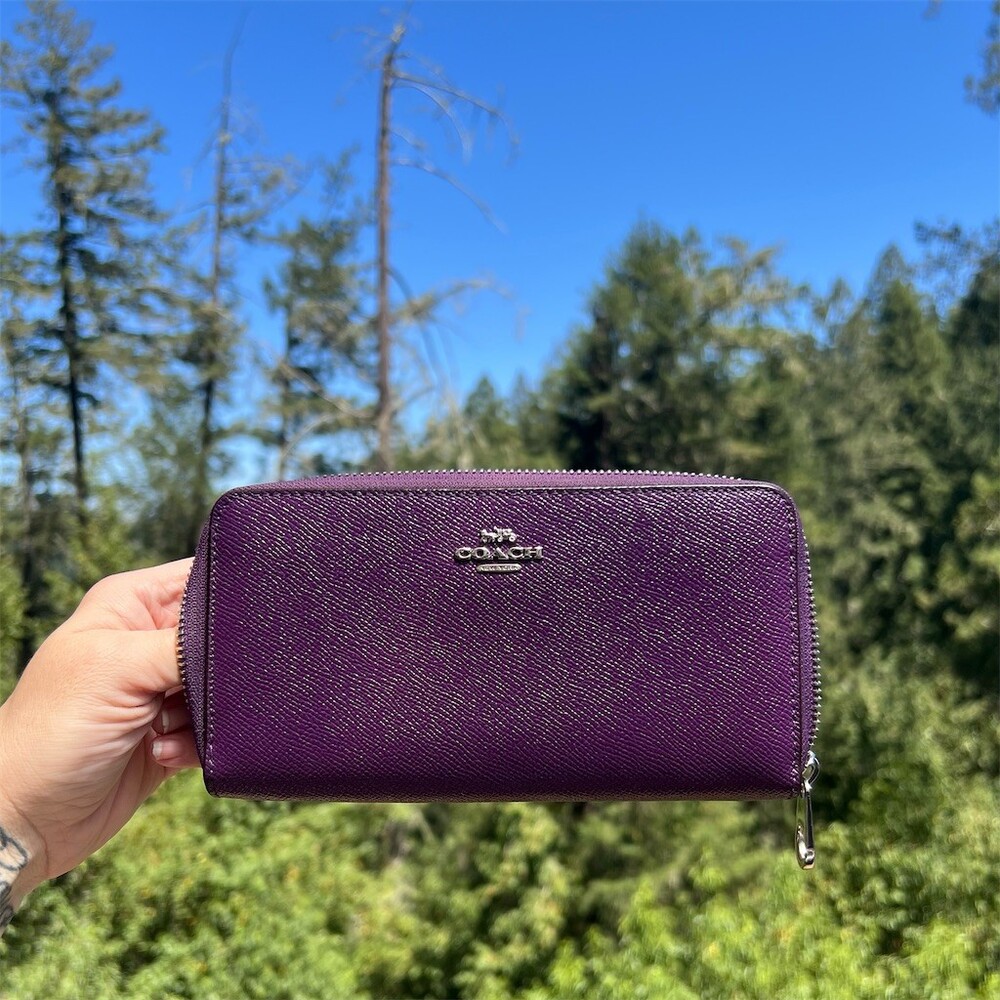 COACH Long Zip-Around PURPLE Crossgrain Leather Wallet Silver Hardware AUTHENTIC
